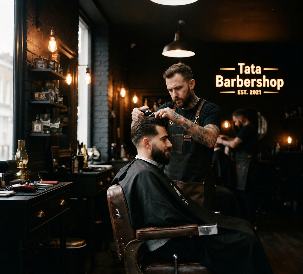 Barber stříhá zákazníka v Tata Barbershop v Praze